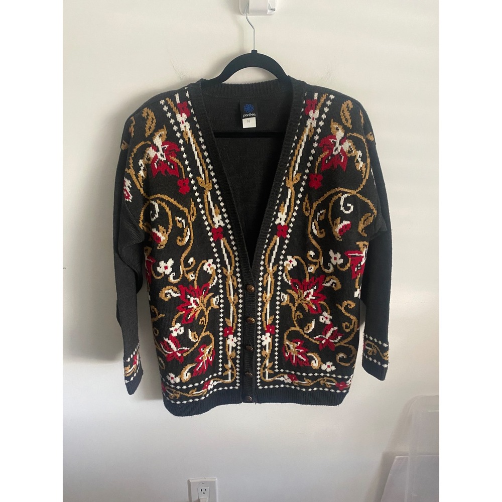 Vintage Panther Dark Gray Floral Button Front Cardigan Knit‎ Sweater Size Medium